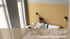  Presentation with bed hotel - Presentation theme featuring young man relaxing on comfy bed and looking at window in modern hotel room background and a coral colored foreground