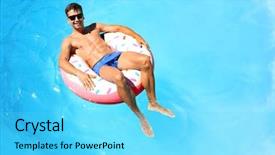  Presentation with relaxing - PPT theme consisting of young man relaxing on inflatable background and a cyan colored foreground