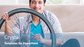  Presentation with bicycle - Slide deck featuring young-man-repairing-bicycle background and a teal colored foreground