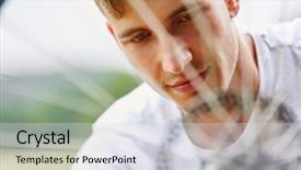  Presentation with man riding big bike motor - Colorful presentation design enhanced with young man repairing bike wheel backdrop and a sky blue colored foreground