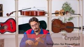  Presentation with workshop - PPT theme enhanced with young-man-repairing-musical-instruments background and a  colored foreground