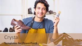  Presentation with shoes - Theme featuring young-man-repairing-shoes background and a gold colored foreground