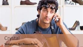  Presentation with shoes - PPT layouts having young-man-repairing-shoes background and a coral colored foreground