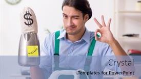  Presentation with money - PPT theme with young-man-repairman-with-money background and a light blue colored foreground