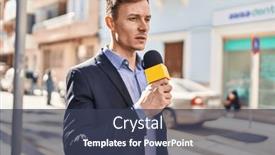  Presentation with microphone - Presentation theme consisting of young-man-reporter-working-using background and a tawny brown colored foreground