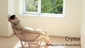  Presentation with home window frame - PPT theme with young man resting in armchair background and a coral colored foreground