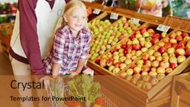  Presentation with supermarket shopping cart buying food - Slides featuring young man riding his daughter on shopping cart while buying food in supermarket background and a red colored foreground