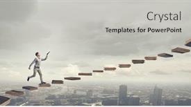  Presentation with steps - Colorful slide deck enhanced with young man running on steps reaching hand with book backdrop and a light gray colored foreground