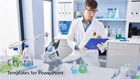  Presentation with report - PPT layouts consisting of young-man-scientist-reading-report background and a light blue colored foreground