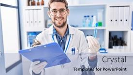  Presentation with test tube laboratory - PPT layouts having young-man-scientist-reading-report background and a light blue colored foreground