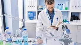  Presentation with report - Presentation theme featuring young-man-scientist-writing-report background and a light blue colored foreground