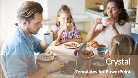  Presentation with young man on the phone - PPT theme enhanced with young man searching for something background and a coral colored foreground