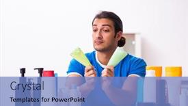  Presentation with cosmetics - Presentation theme consisting of young-man-selling-cosmetics-via background and a teal colored foreground