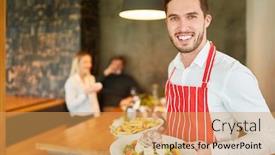  Presentation with restaurant waiter - PPT theme consisting of young-man-serving background and a yellow colored foreground