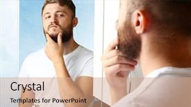  Presentation with obesity cartoon feet on bathroom - Cool new PPT theme with young man shaving his beard backdrop and a coral colored foreground