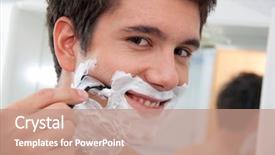 Presentation with razor - Beautiful slide set featuring young-man-shaving-with-razor backdrop and a coral colored foreground