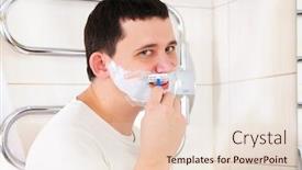  Presentation with shaving - Audience pleasing presentation theme consisting of young man shaving in his bathroom standing in front of a mirror backdrop and a lemonade colored foreground