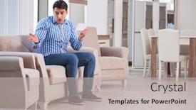  Presentation with furniture - PPT theme consisting of young-man-shopping-in-furniture background and a light gray colored foreground