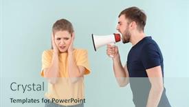  Presentation with relationship - Audience pleasing slides consisting of young man shouting into megaphone at woman on color background problems in relationship backdrop and a soft green colored foreground