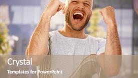  Presentation with young man on the phone - Cool new PPT theme with young man shouting with hapiness backdrop and a coral colored foreground