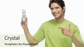  Presentation with phone - Beautiful presentation design featuring man showing a flip phone backdrop and a mint green colored foreground