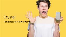  Presentation with smartphone - Cool new PPT layouts with young man showing smartphone screen backdrop and a  colored foreground