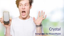  Presentation with young man and a woman - Audience pleasing presentation theme consisting of young man showing smartphone screen backdrop and a sky blue colored foreground