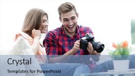  Presentation with living room - Colorful PPT layouts enhanced with young man shows a photo backdrop and a teal colored foreground