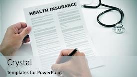  Presentation with health insurance - Presentation featuring young man signing a health background and a sky blue colored foreground