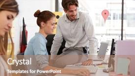  Presentation with woman office desk - PPT theme consisting of young man sits on woman's desk in office discussing her work background and a coral colored foreground