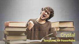  Presentation with geek - PPT theme enhanced with young man sitting behind piles of books with happy facial expression geek concept back to school background and a tawny brown colored foreground