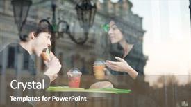  Presentation with 3d man sitting question mark - Presentation theme enhanced with young man sitting in cafe background and a coral colored foreground