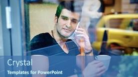  Presentation with cafeteria - Amazing slides having young man sitting in cafeteria drinking coffee and talking on phone photographed through window backdrop and a ocean colored foreground
