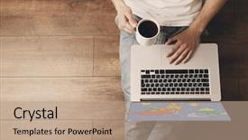  Presentation with cup coffee - Amazing slide set having young man sitting on floor backdrop and a  colored foreground