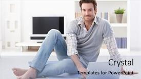  Presentation with young man holdng laptop on lap money - Audience pleasing PPT layouts consisting of young man sitting on living backdrop and a  colored foreground