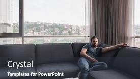  Presentation with mobile home - Colorful slide set enhanced with young man sitting on sofa and using a mobile phone near the window at home backdrop and a dark gray colored foreground