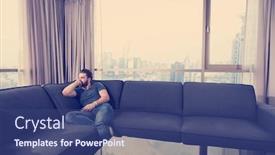  Presentation with mobile home - PPT theme enhanced with young man sitting on sofa and using a mobile phone near the window at home background and a ocean colored foreground