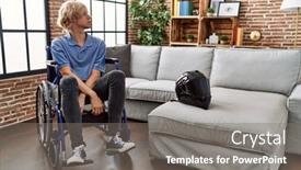  Presentation with accident - PPT theme having young-man-sitting-on-wheelchair background and a gray colored foreground