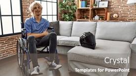  Presentation with accident - Slide set having young-man-sitting-on-wheelchair background and a gray colored foreground