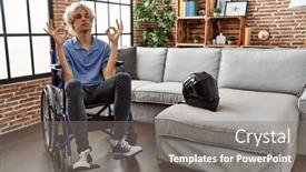  Presentation with motorcycle - Presentation theme enhanced with young-man-sitting-on-wheelchair background and a gray colored foreground