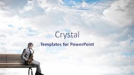  Presentation with man sitting bench - Colorful PPT theme enhanced with young man sitting on wooden bench and playing saxophone backdrop and a sky blue colored foreground