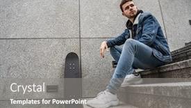  Presentation with stairs - Audience pleasing PPT theme consisting of young-man-sitting-with-skateboard backdrop and a gray colored foreground