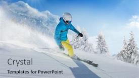  Presentation with running mountains - Presentation featuring young man skier running down the slope in alpine mountains winter sport and recreation leasure outdoor activities background and a light gray colored foreground