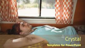  Presentation with sleeping - Audience pleasing PPT theme consisting of young-man-sleeping-by-window backdrop and a tawny brown colored foreground