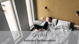  Presentation with bed hotel - Amazing presentation design having young man sleeping on comfy bed in modern hotel room backdrop and a light gray colored foreground