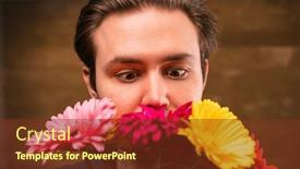  Presentation with smell - Presentation design featuring young-man-smell-flowers-portrait background and a tawny brown colored foreground