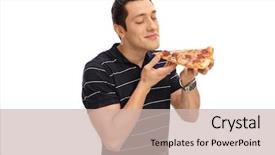  Presentation with young man on the phone - Beautiful presentation theme featuring young man smelling a slice backdrop and a soft green colored foreground