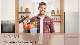  Presentation with kitchen - Slide deck enhanced with young-man-smiling-and-holding background and a coral colored foreground