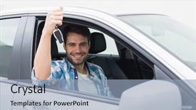  Presentation with car key - Presentation theme having young man smiling and holding background and a light blue colored foreground