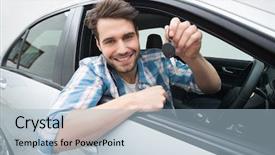  Presentation with car key - Beautiful slide set featuring young man smiling and holding backdrop and a light blue colored foreground